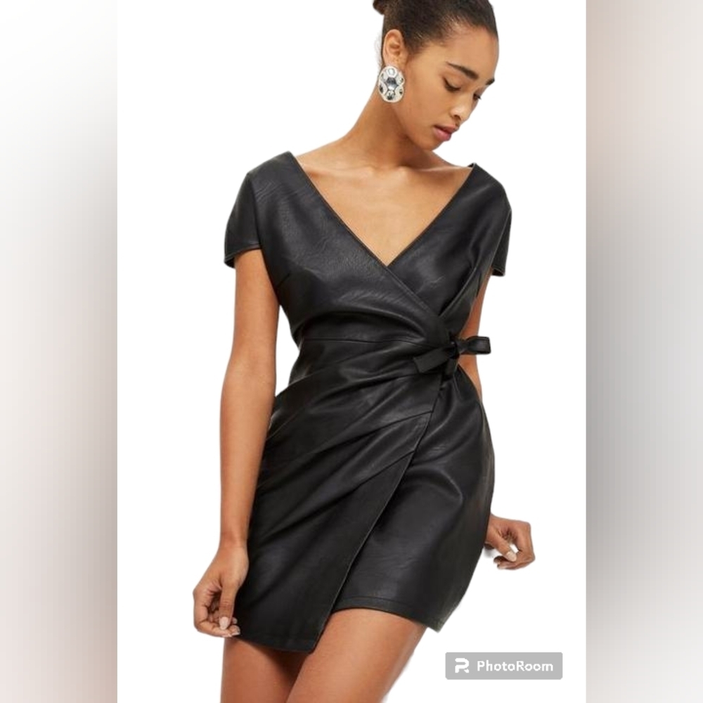 TopShop BLACK VEGAN LEATHER Mini WRAP DRESS
